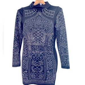 Miss Ord Silver Rhinestone Long Sleeve Black Mini Dress, Size M